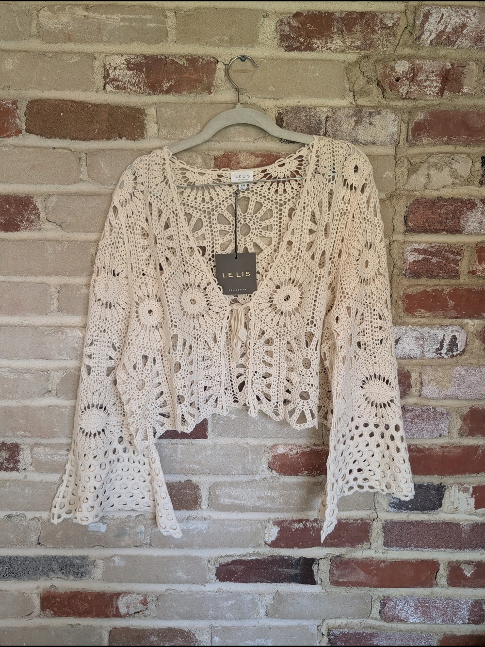 Le Lis Cream Crochet Tie-Front Tunic Top